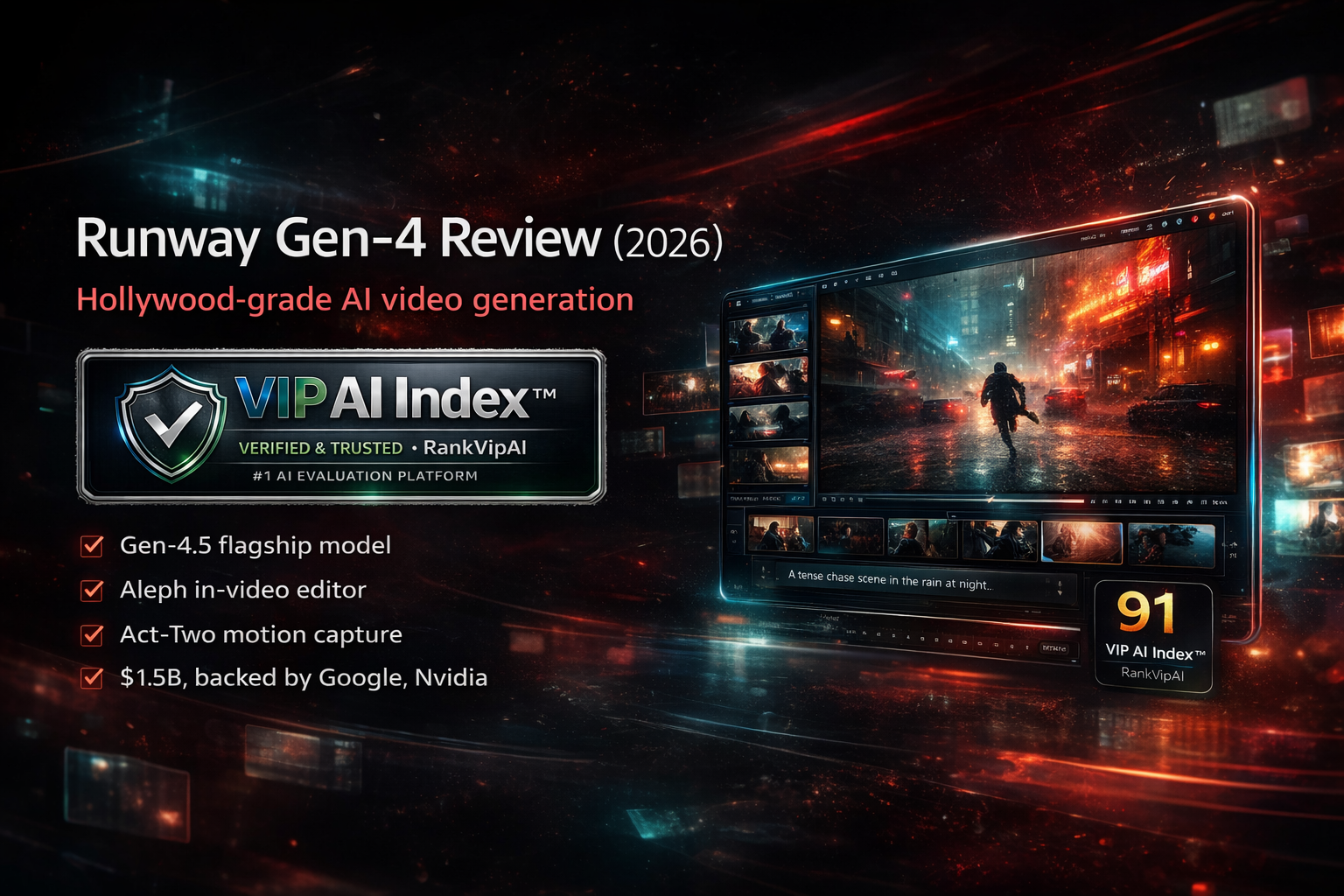 Runway Gen-4 review featured image for RankVipAI showing the 91 VIP AI Index score and AI video tool interface