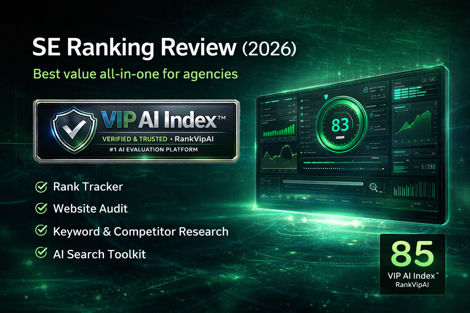 SE Ranking review featured image for RankVipAI showing the 85 VIP AI Index score and AI SEO platform interface