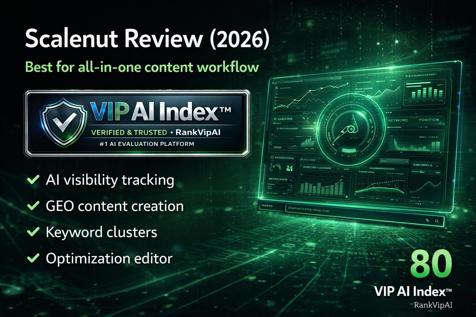 Scalenut review featured image for RankVipAI showing the 80 VIP AI Index score and AI SEO workflow platform interface