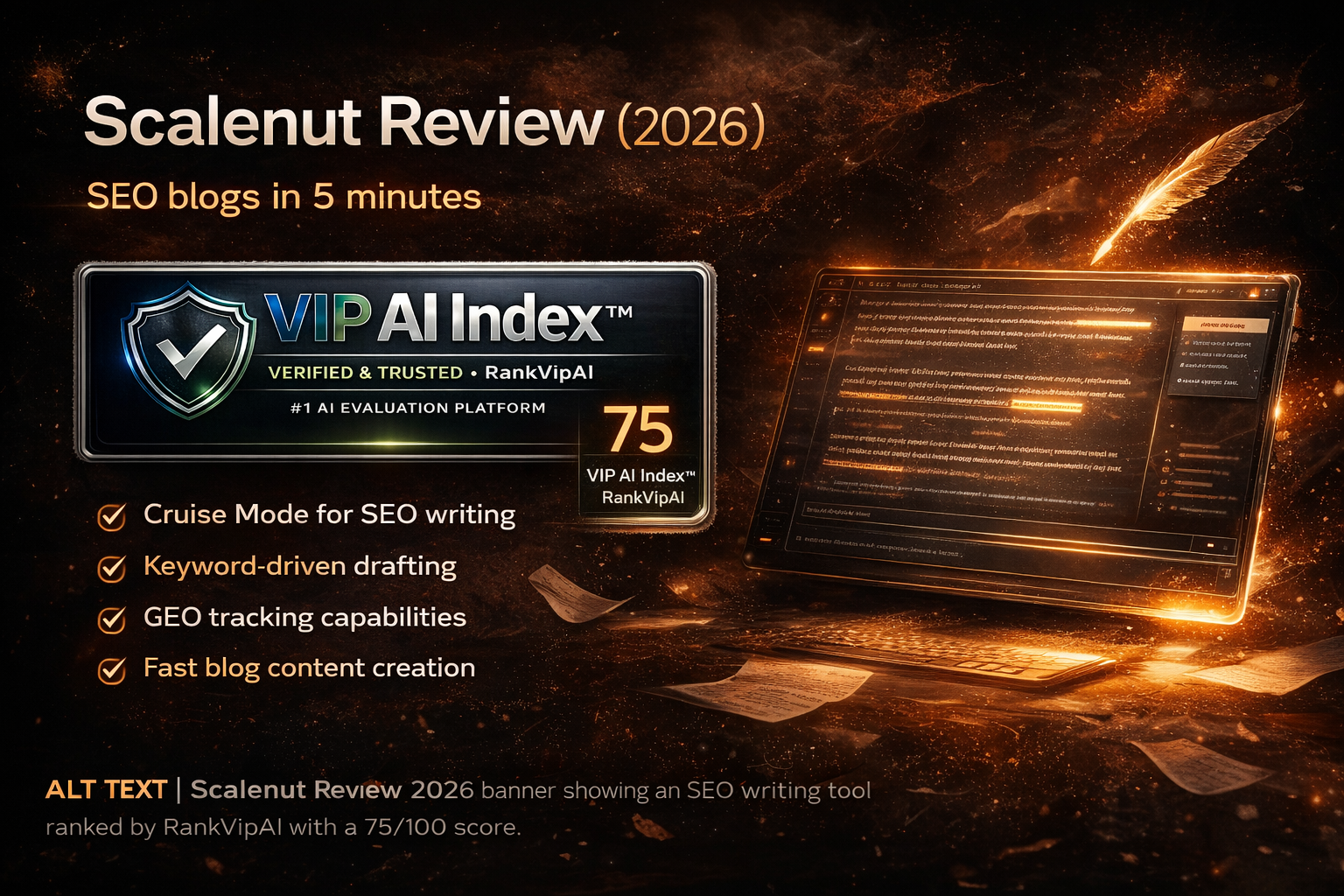 Scalenut Review 2026 verdict image showing the 75 VIP AI Index score by RankVipAI