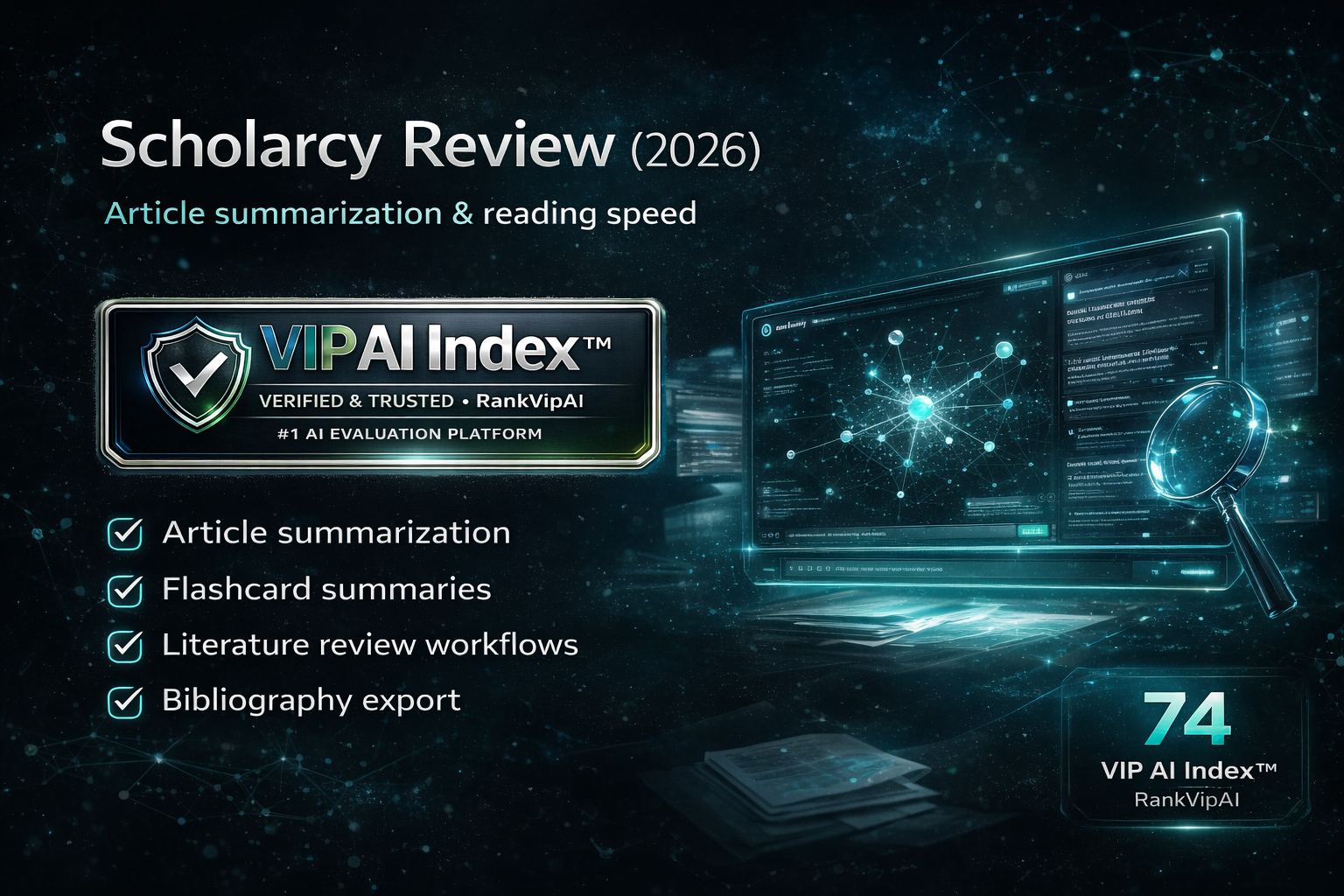 Scholarcy review featured image for RankVipAI showing the 74 VIP AI Index score and AI research workflow