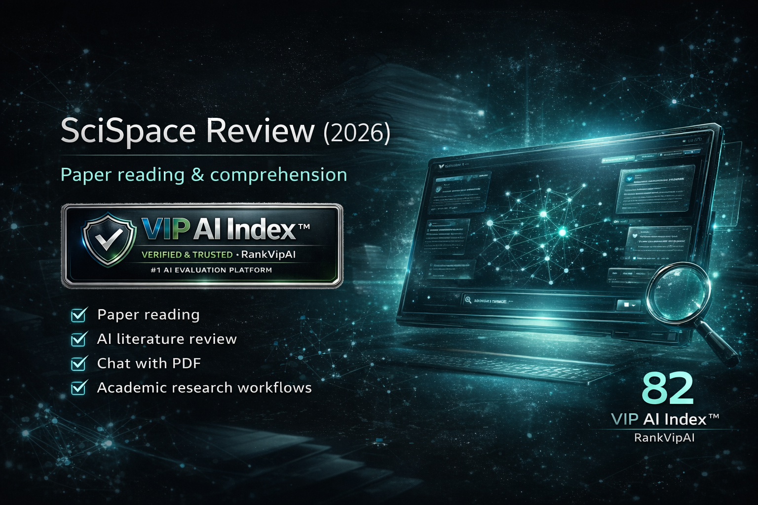 SciSpace review featured image for RankVipAI showing the 82 VIP AI Index score and AI research tool interface