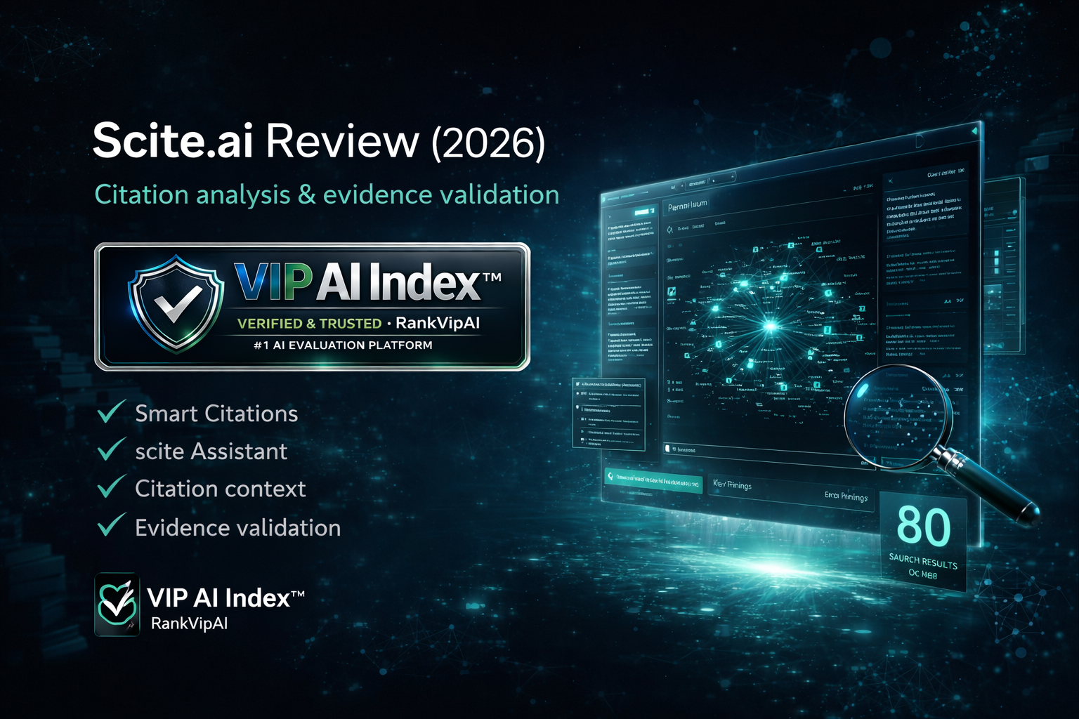 Scite.ai review featured image for RankVipAI showing the 80 VIP AI Index score and AI research tool interface