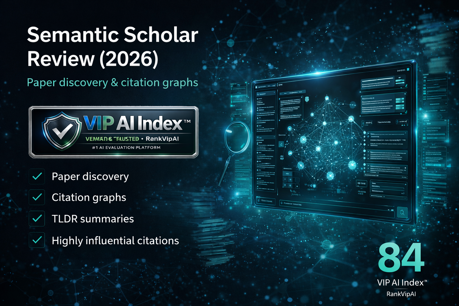 Semantic Scholar review featured image for RankVipAI showing the 84 VIP AI Index score and AI research tool interface