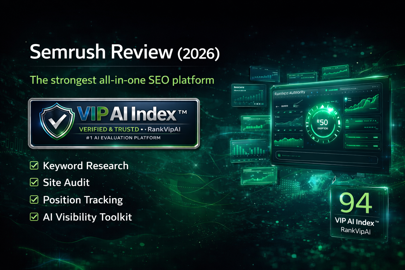 Semrush review featured image for RankVipAI showing the 94 VIP AI Index score and AI SEO platform interface