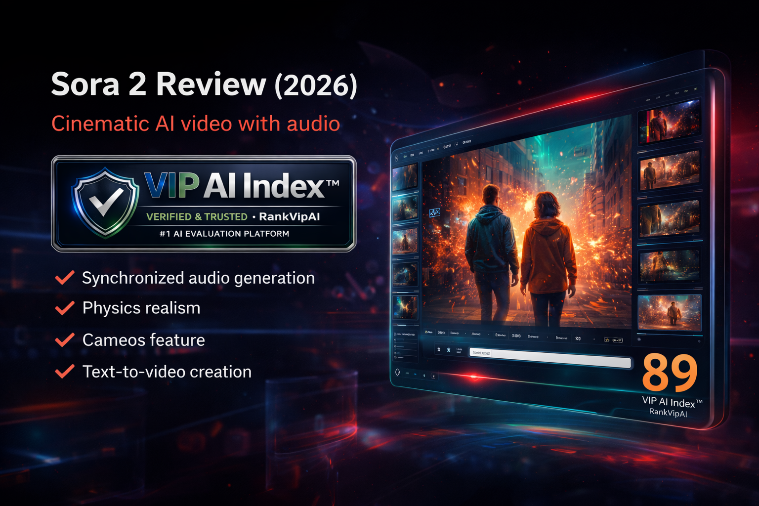 Sora 2 review featured image for RankVipAI showing the VIP AI Index score and AI video tool interface