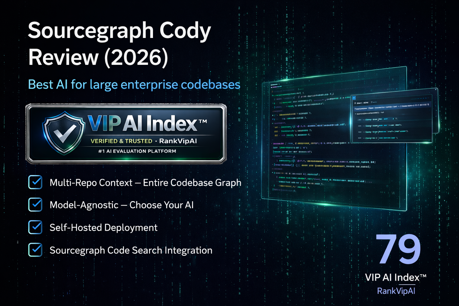 Sourcegraph Cody review featured image for RankVipAI showing the 79 VIP AI Index score and enterprise AI coding assistant positioning