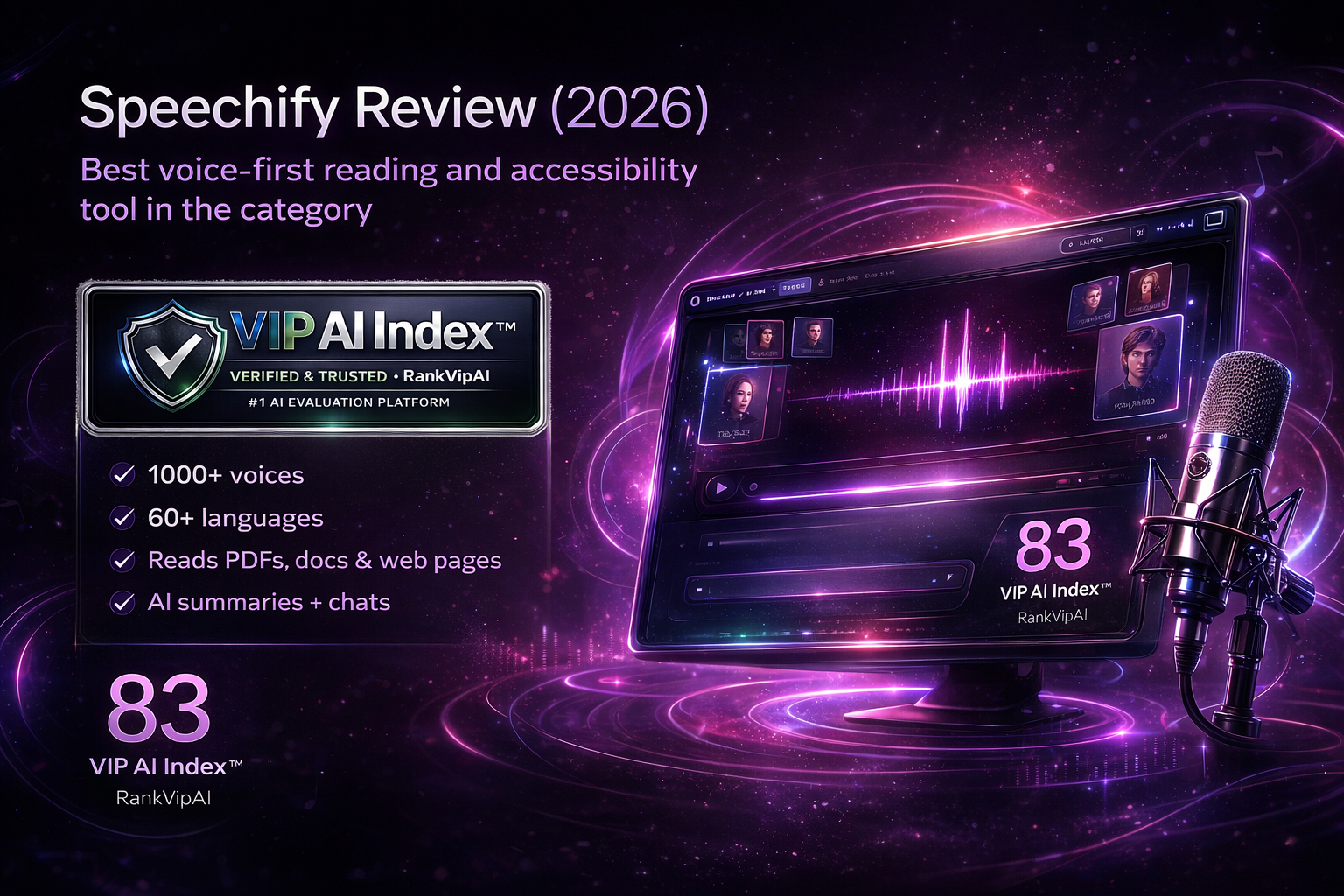 Speechify review featured image for RankVipAI showing the 83 VIP AI Index score and AI voice reading interface