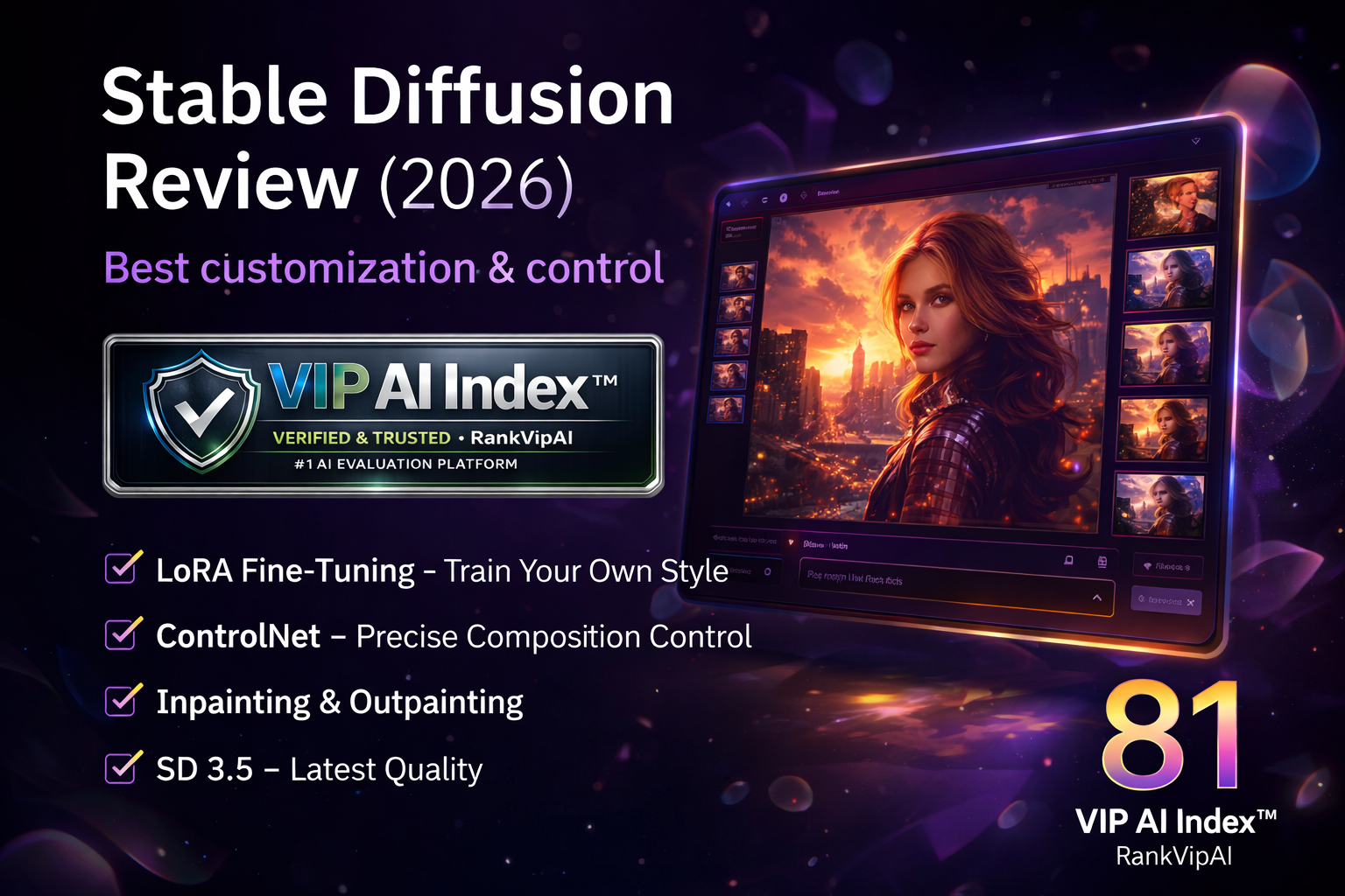 Stable Diffusion review featured image for RankVipAI showing the 81 VIP AI Index score and AI image generator branding