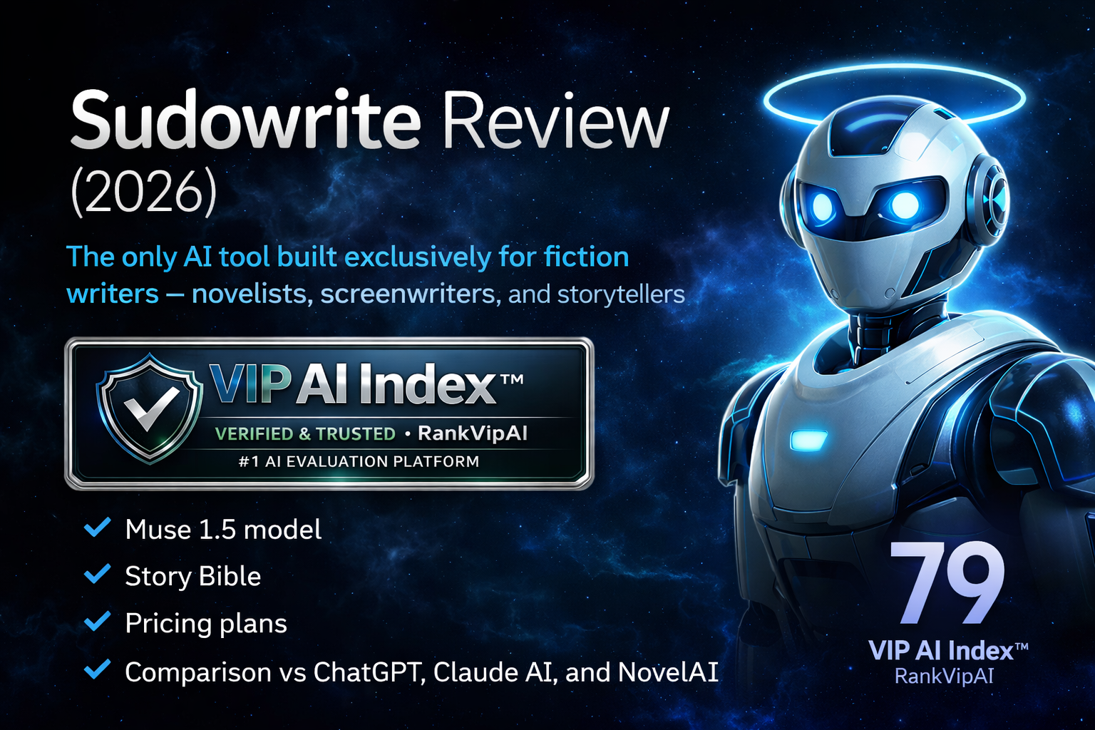 Sudowrite review featured image with VIP AI Index score for the AI fiction writing tool