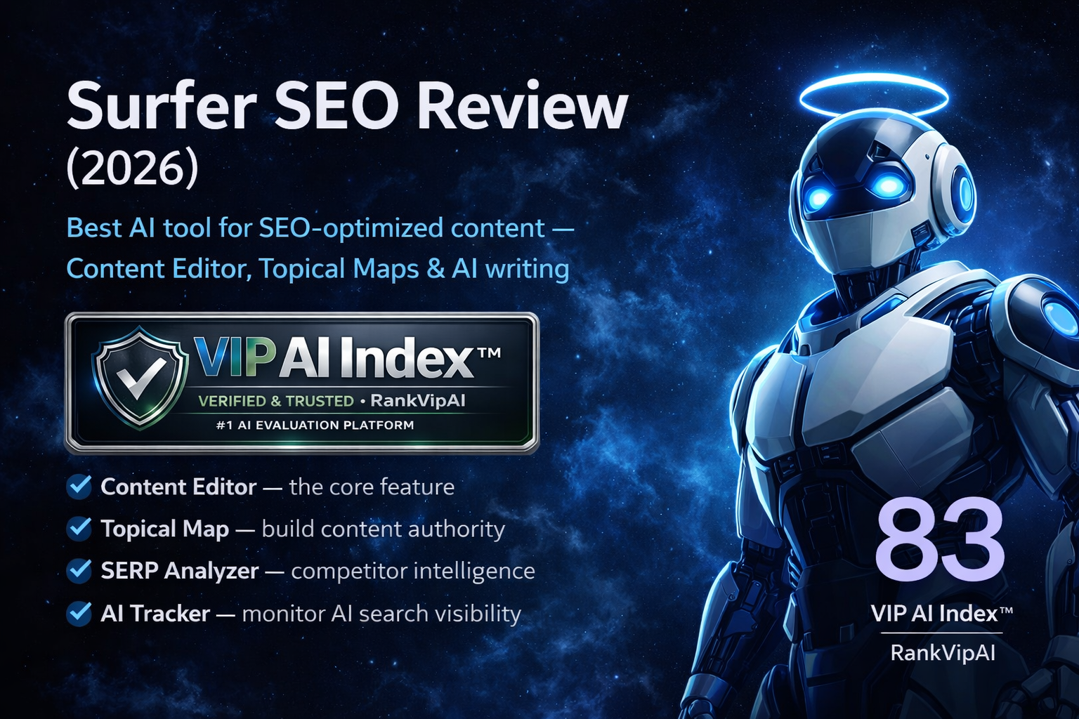 Surfer SEO review 2026 featured image with VIP AI Index score for an AI SEO writing tool