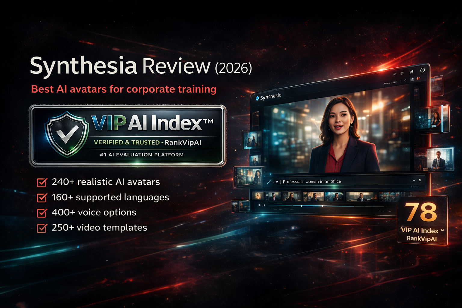 Synthesia review featured image for RankVipAI showing the VIP AI Index score and AI avatar video platform interface