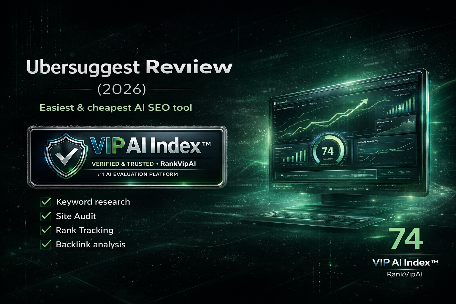 Ubersuggest review featured image for RankVipAI showing the 74 VIP AI Index score and AI SEO tool interface