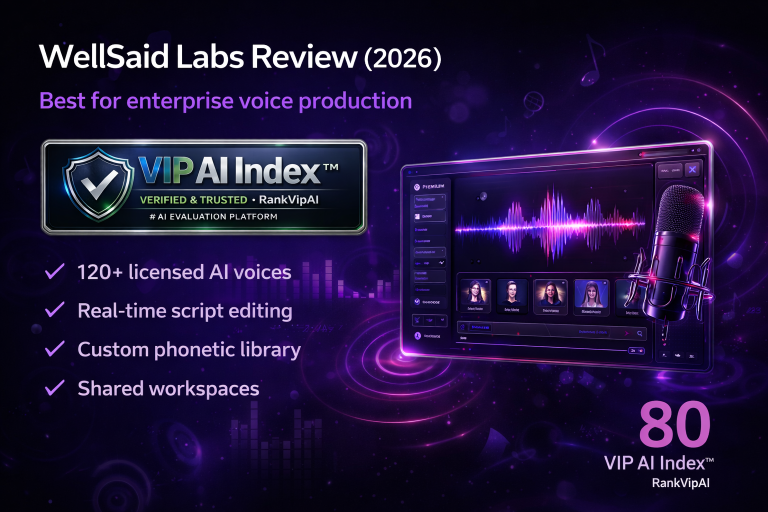WellSaid Labs review featured image for RankVipAI showing the 80 VIP AI Index score and enterprise AI voice platform branding