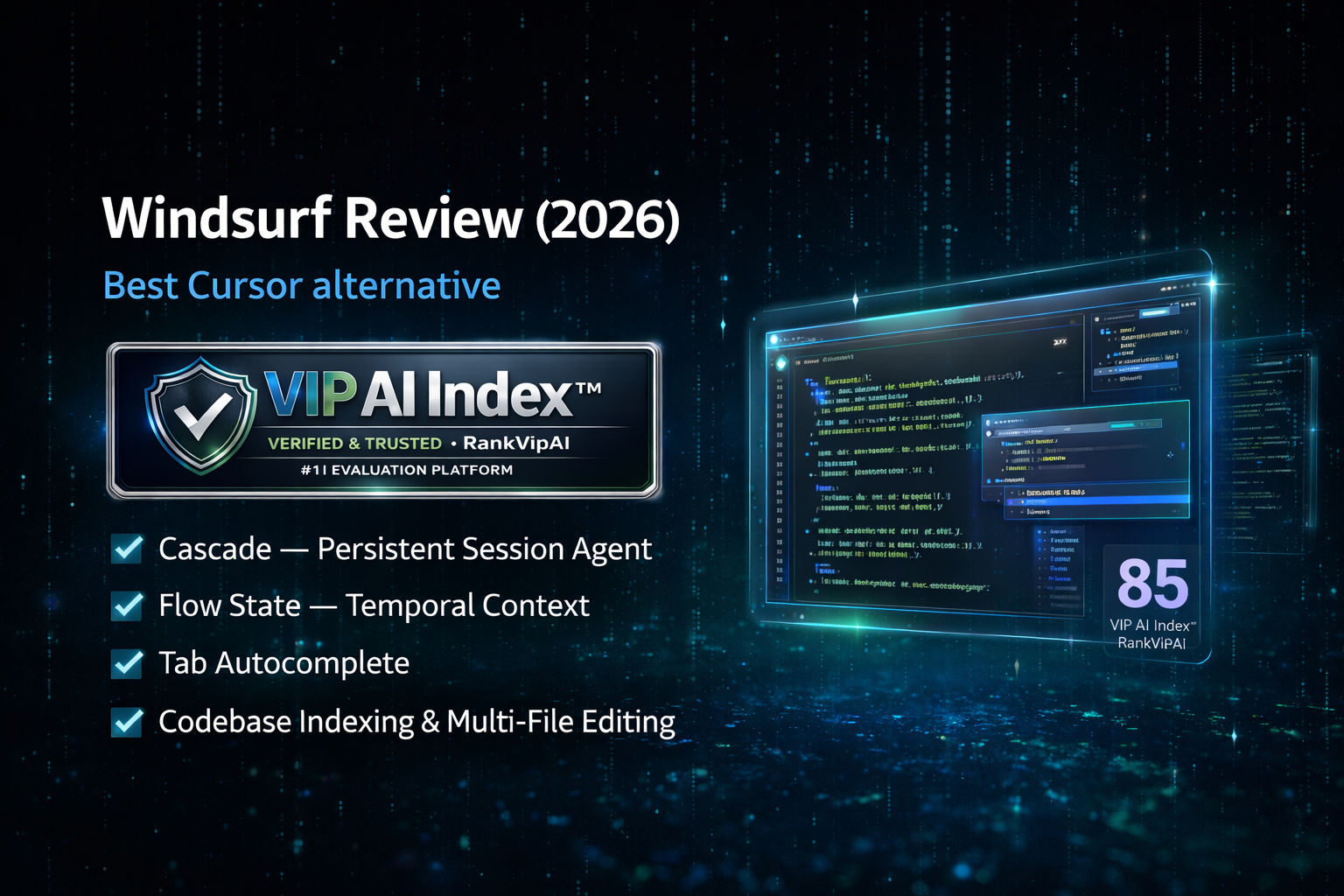 Windsurf review featured image for RankVipAI showing the 85 VIP AI Index score and AI coding assistant interface