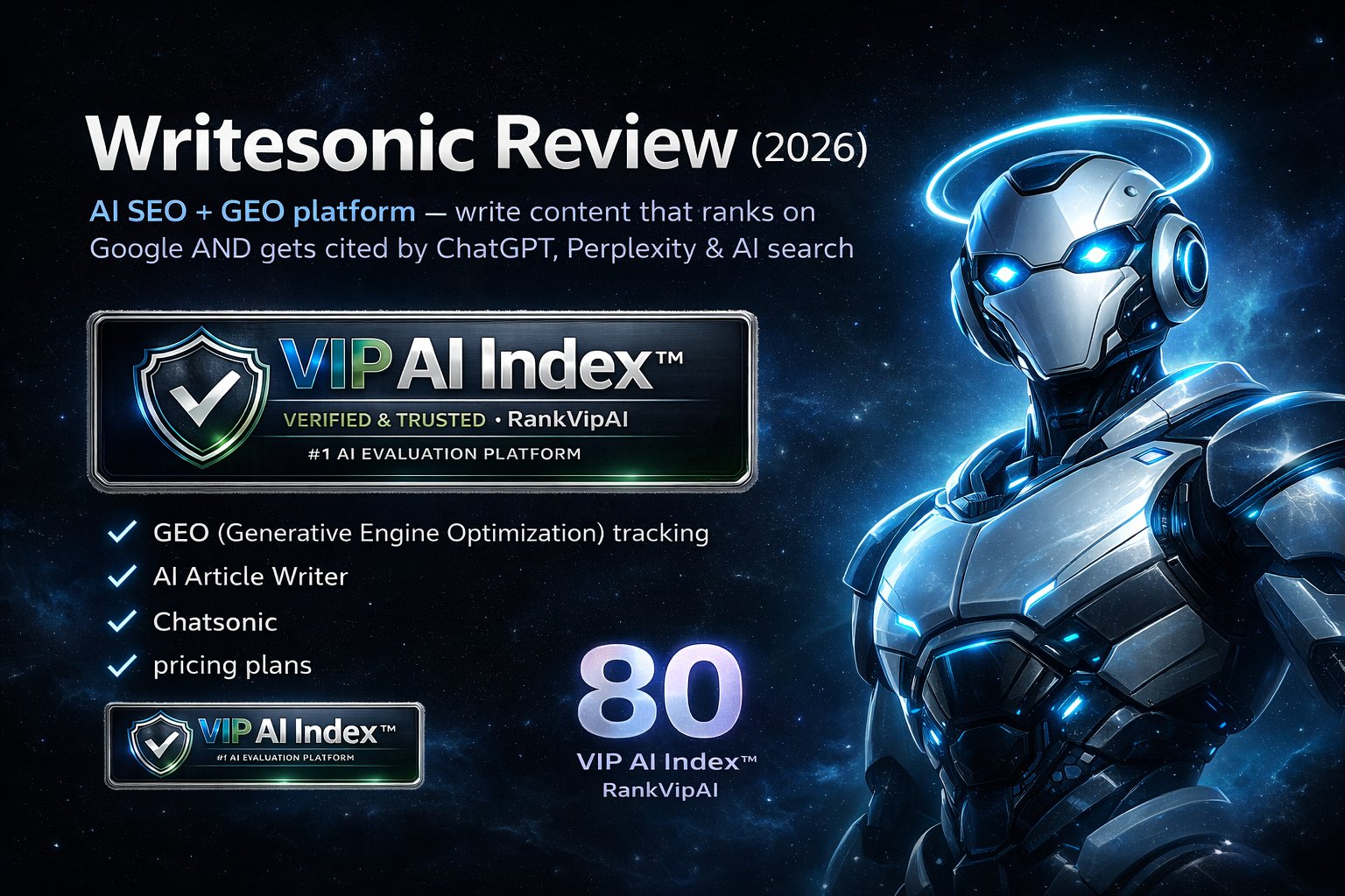 Writesonic review featured image with VIP AI Index score for AI SEO and GEO platform analysis by RankVipAI