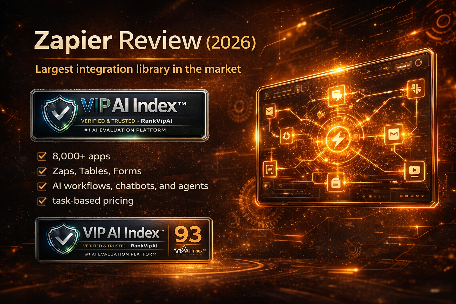 Zapier review featured image for RankVipAI showing the 93 VIP AI Index score and AI automation platform interface