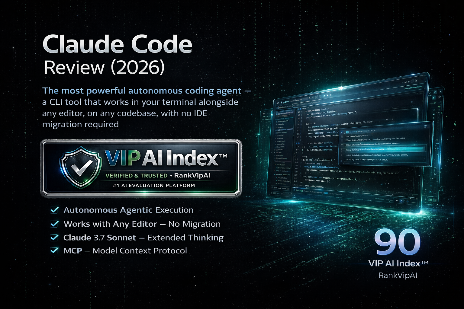 Claude Code Review featured image showing AI coding assistant interface, VIP AI Index score and RankVipAI verdict