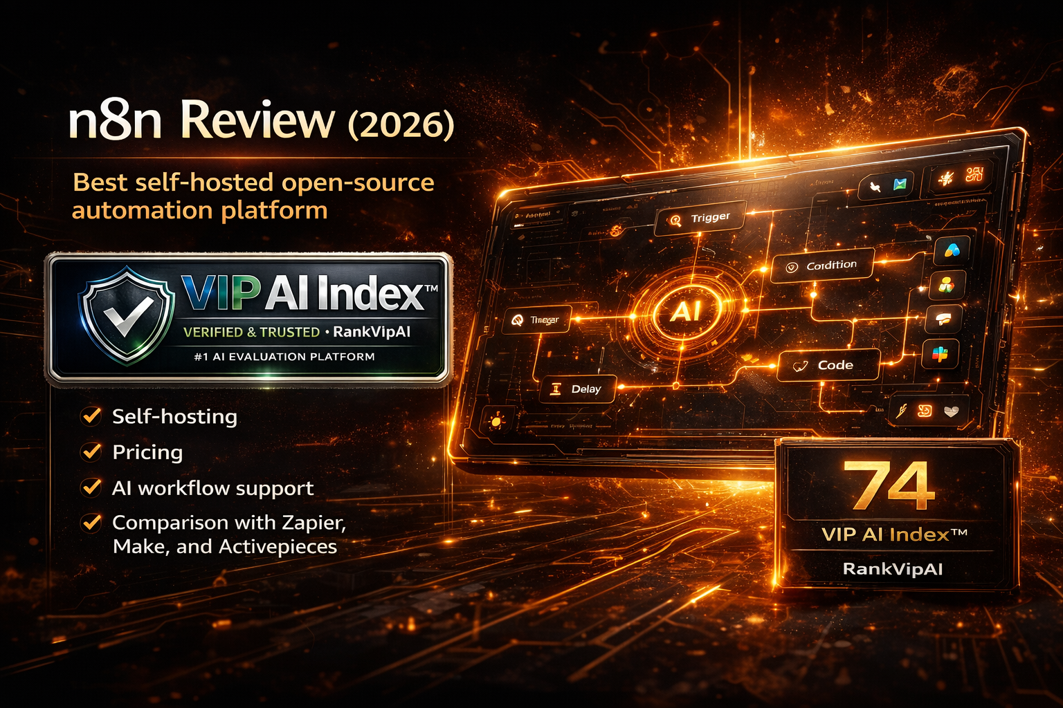n8n review featured image for RankVipAI showing the 74 VIP AI Index score and automation workflow interface