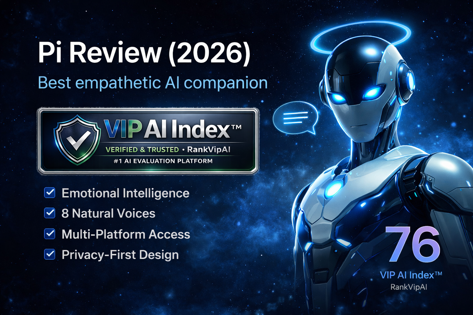 Pi review featured image for RankVipAI showing the 76 VIP AI Index score and AI companion interface