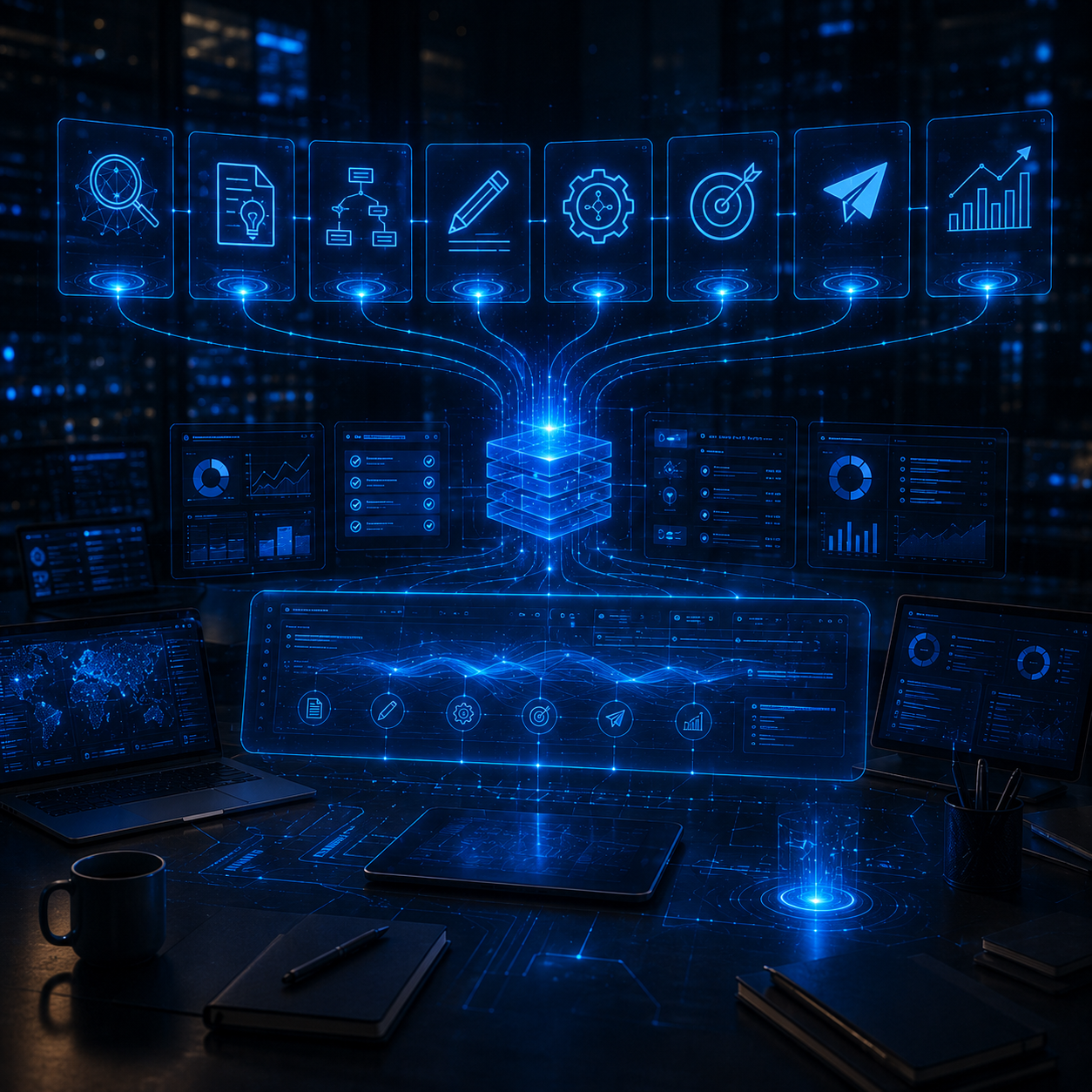 AI Workflow Guides editorial visual for building a smarter content stack with research, writing, SEO and automation layers