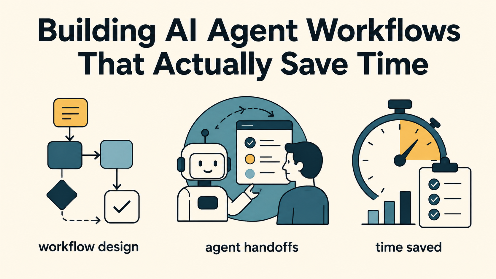 Building AI Agent Workflows editorial visual showing agents, workflow steps, approvals and time savings