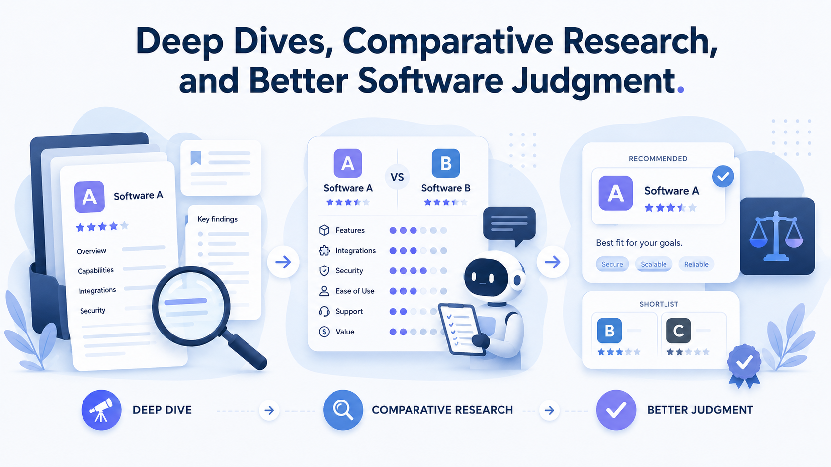 Deep Dives, Comparative Research, and Better Software Judgment editorial visual for RankVipAI AI software research