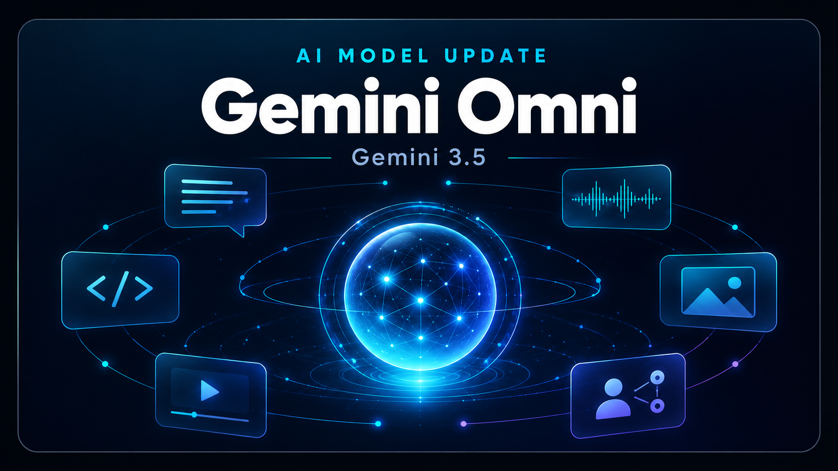 Gemini Omni and Gemini 3.5 AI model update image with a glowing holographic sphere, multimodal icons and futuristic blue interface graphics.