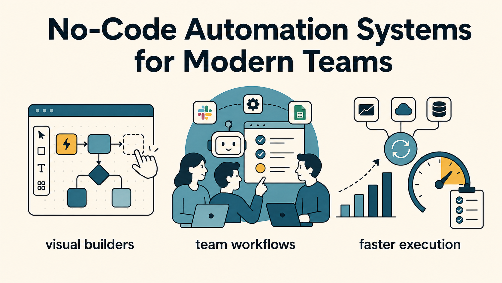 No-Code Automation Systems for Modern Teams editorial visual showing connected workflow nodes, operations handoffs and no-code automation governance