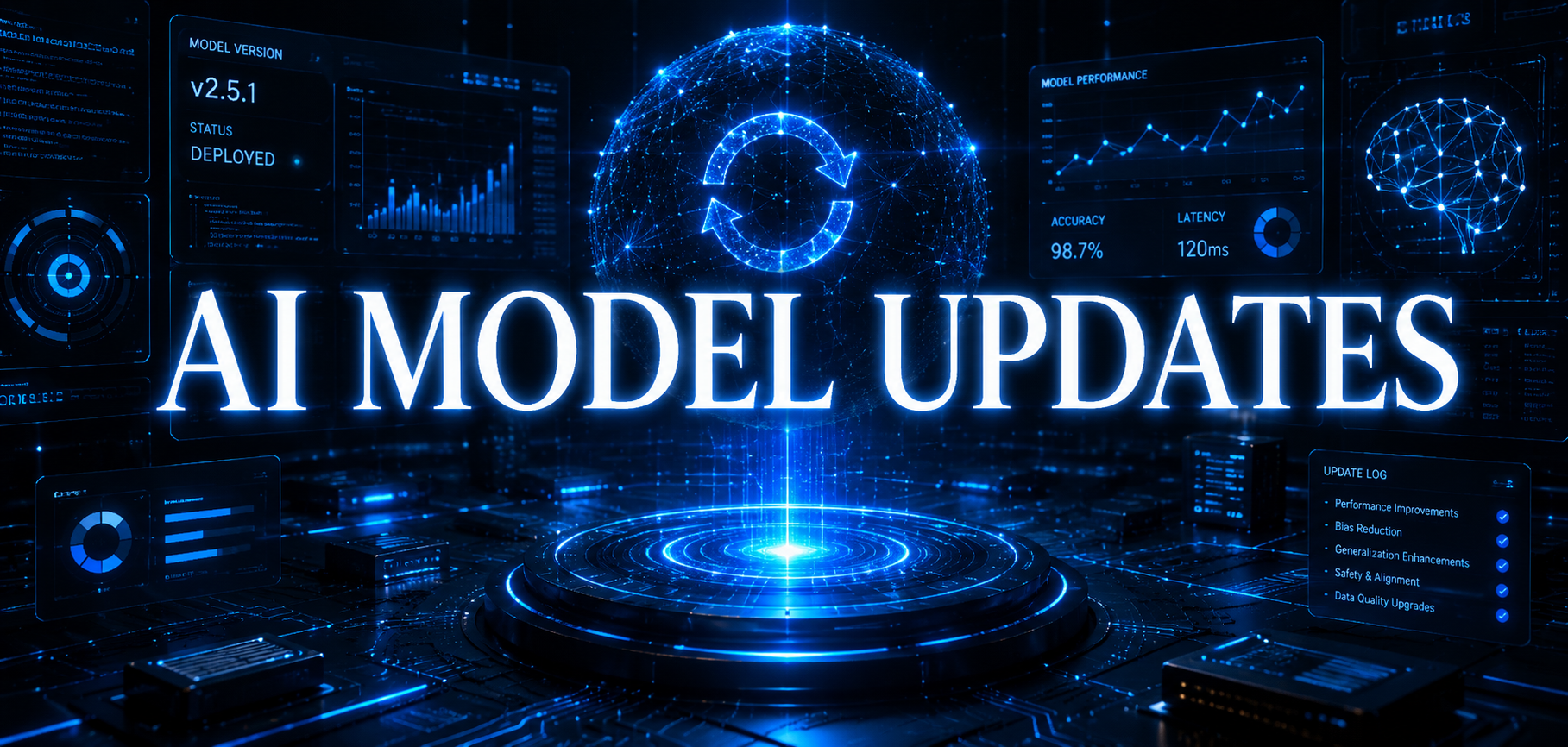 AI Model Updates category image with a futuristic blue AI control room, holographic model interface and glowing update dashboards.