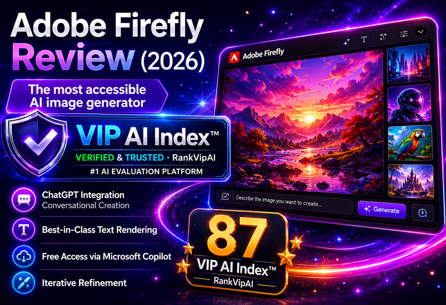 Adobe Firefly review featured image for RankVipAI showing the VIP AI Index score and AI image generation workflow