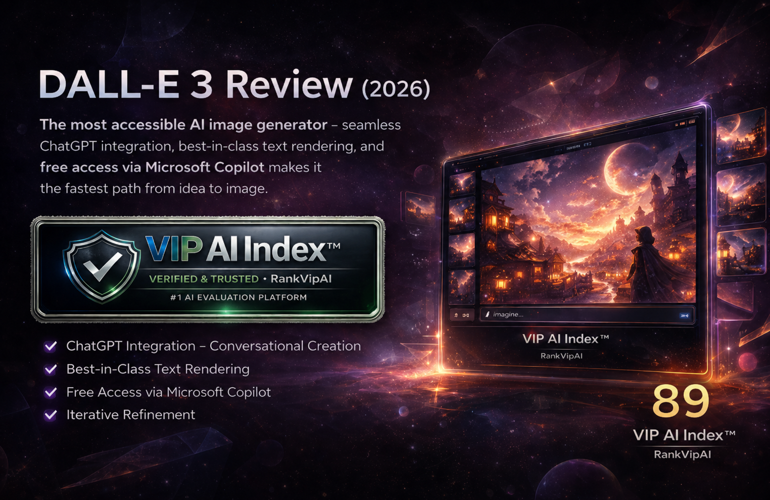 ChatGPT Image / DALL-E 3 review featured image for RankVipAI showing the 89 VIP AI Index score and AI image generator ranking