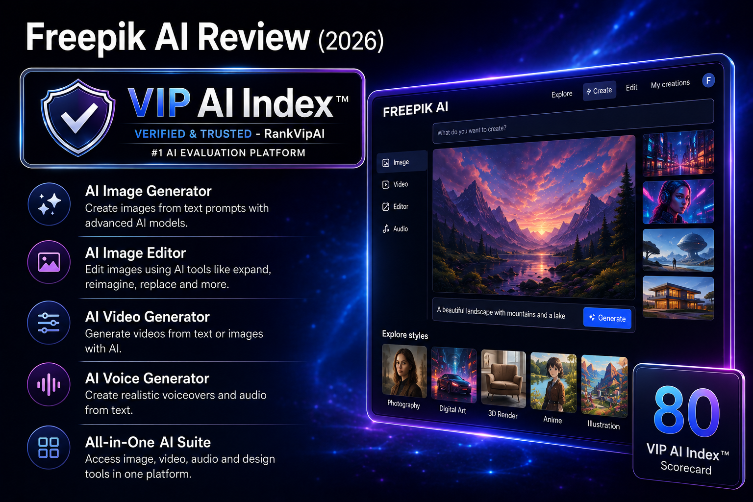 Freepik AI review featured image for RankVipAI showing the 80 VIP AI Index score and AI image generator ranking