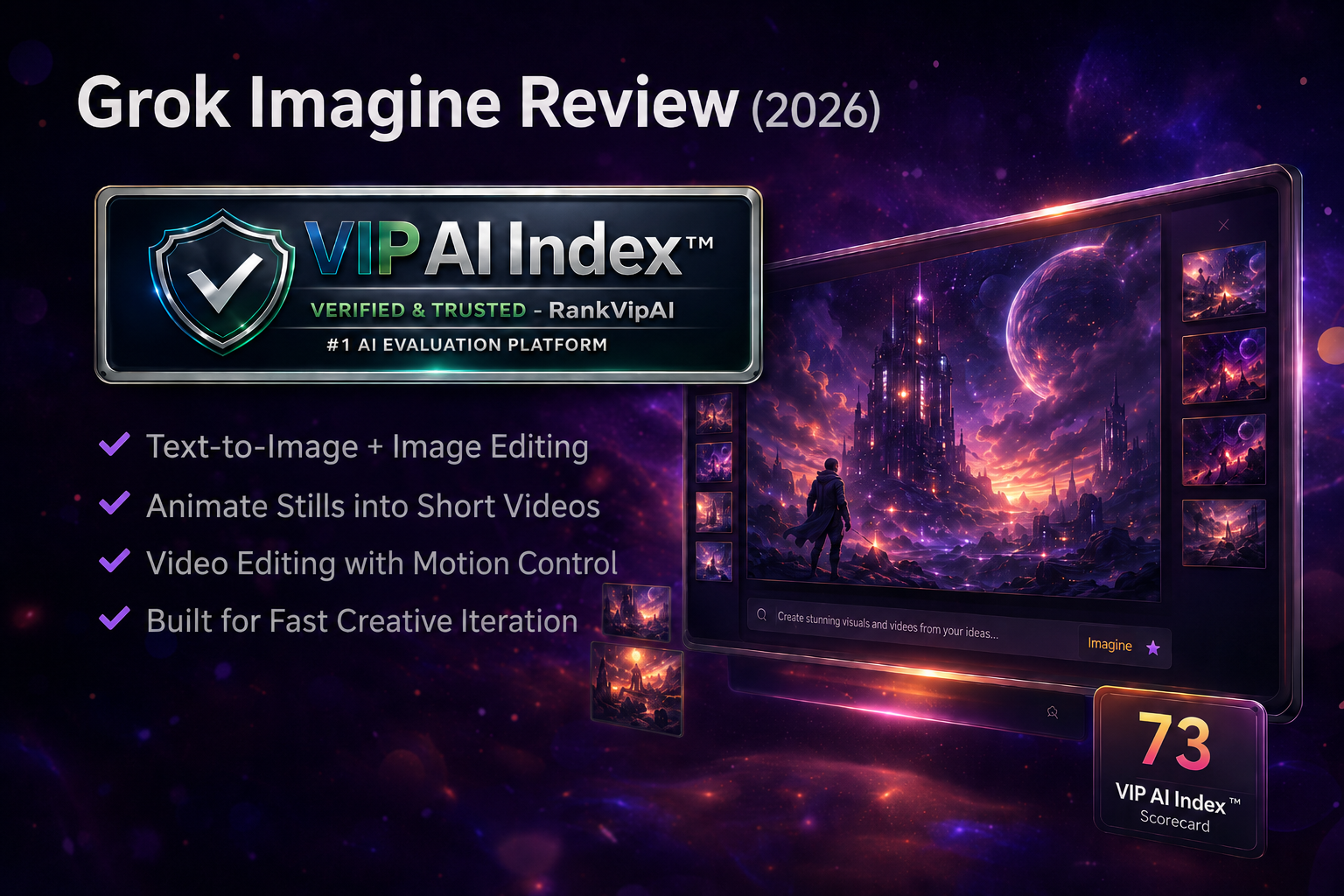 Grok Imagine review featured image for RankVipAI showing the 73 VIP AI Index score and X-native AI image generation positioning