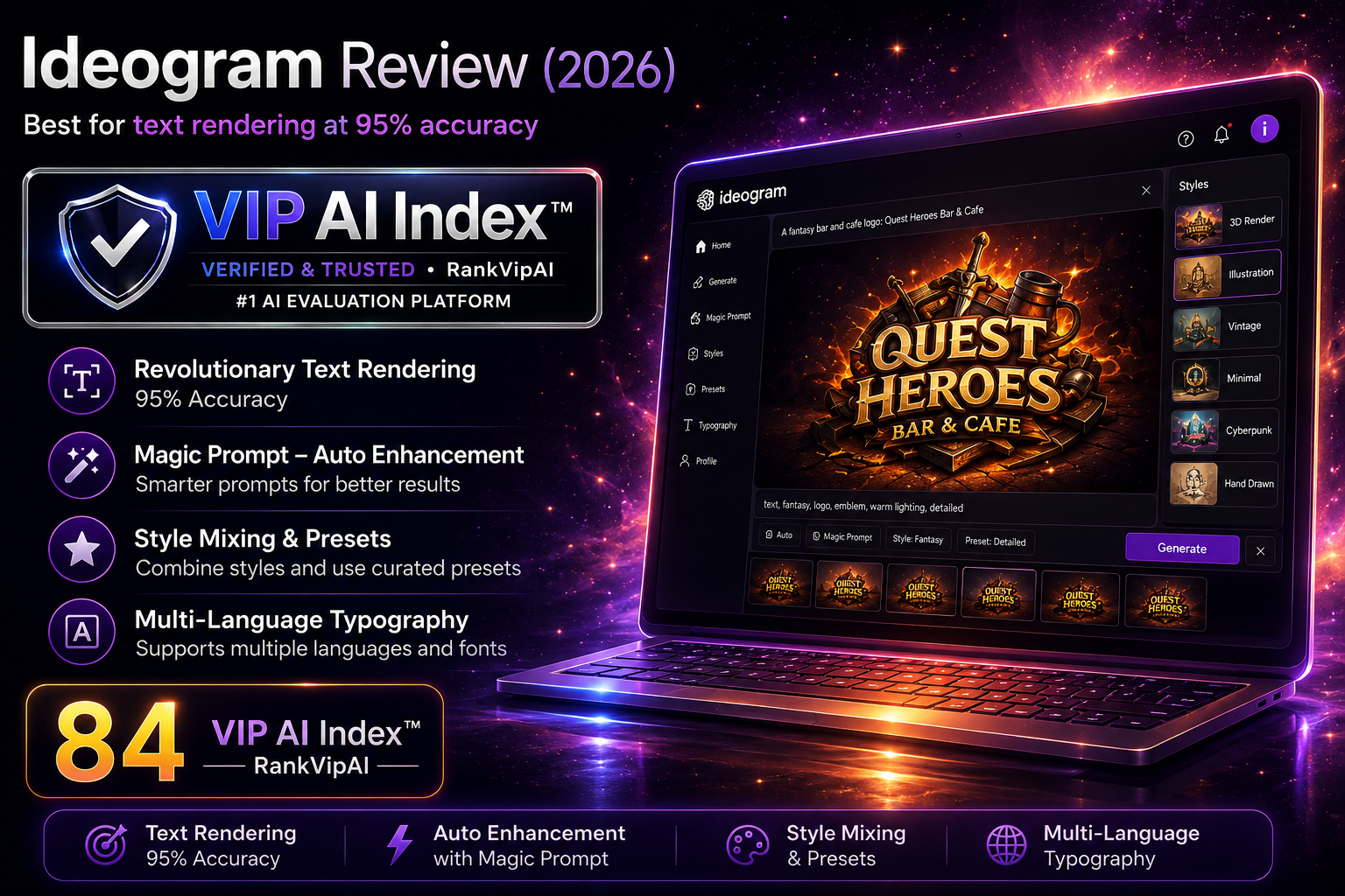 Ideogram review featured image for RankVipAI showing the 84 VIP AI Index score and AI image generator branding