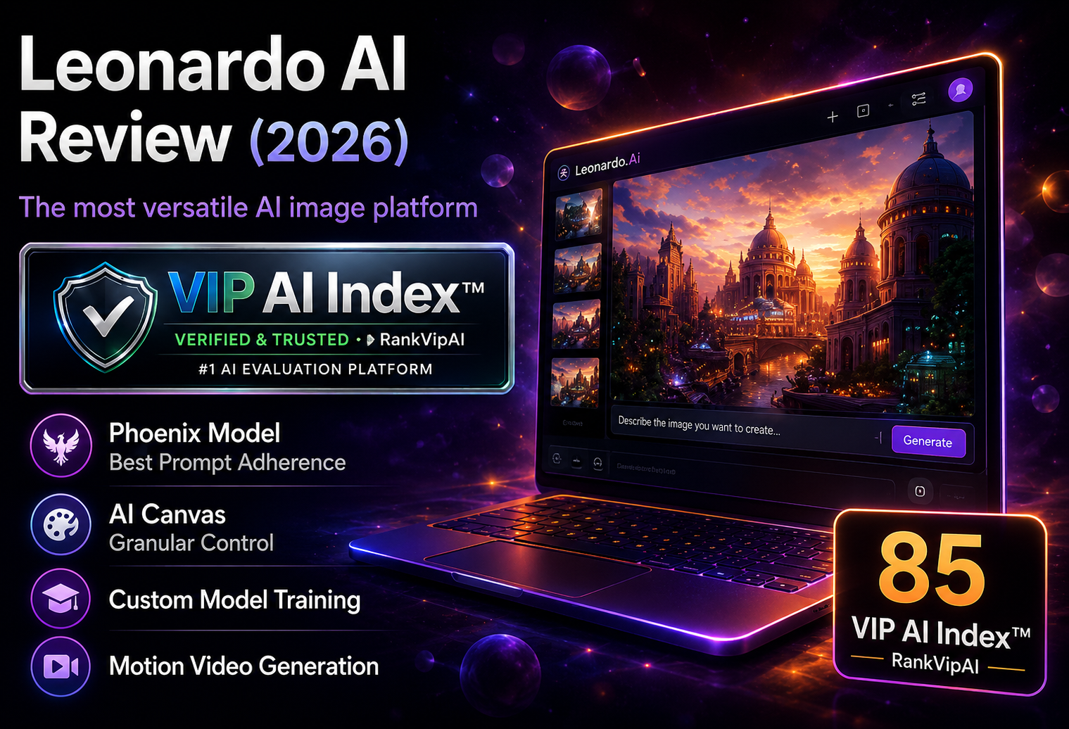 Leonardo AI review featured image for RankVipAI showing the 85 VIP AI Index score and AI image generation platform interface