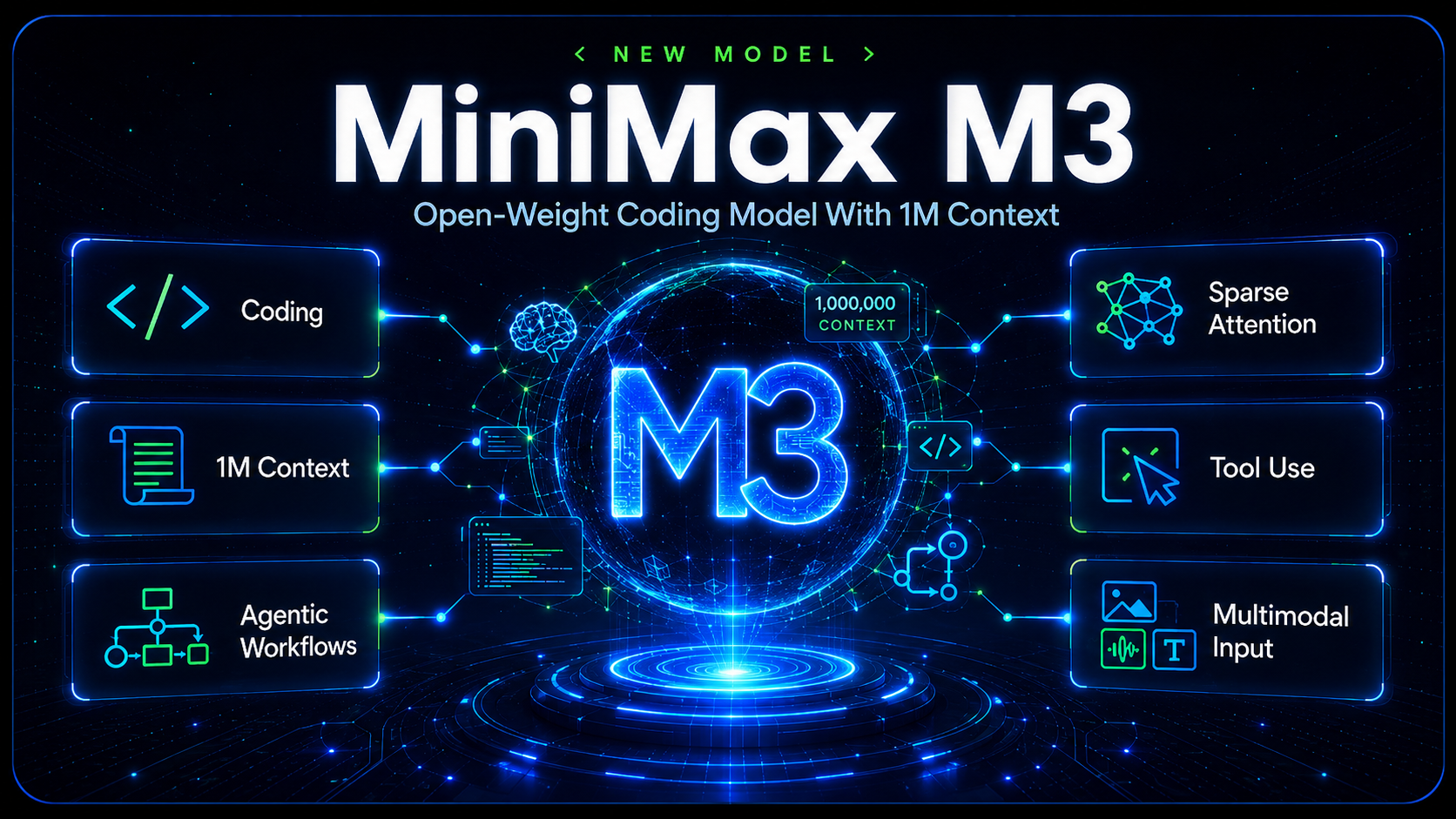 MiniMax M3 editorial image showing a futuristic AI coding model interface with 1M context, sparse attention, tool use, multimodal input and agentic workflows.