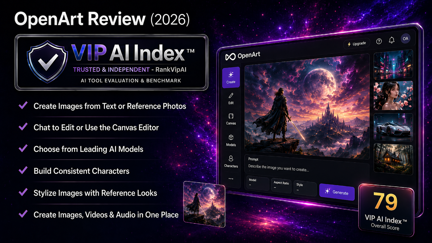 OpenArt review featured image for RankVipAI showing the 79 VIP AI Index score and AI image generator ranking