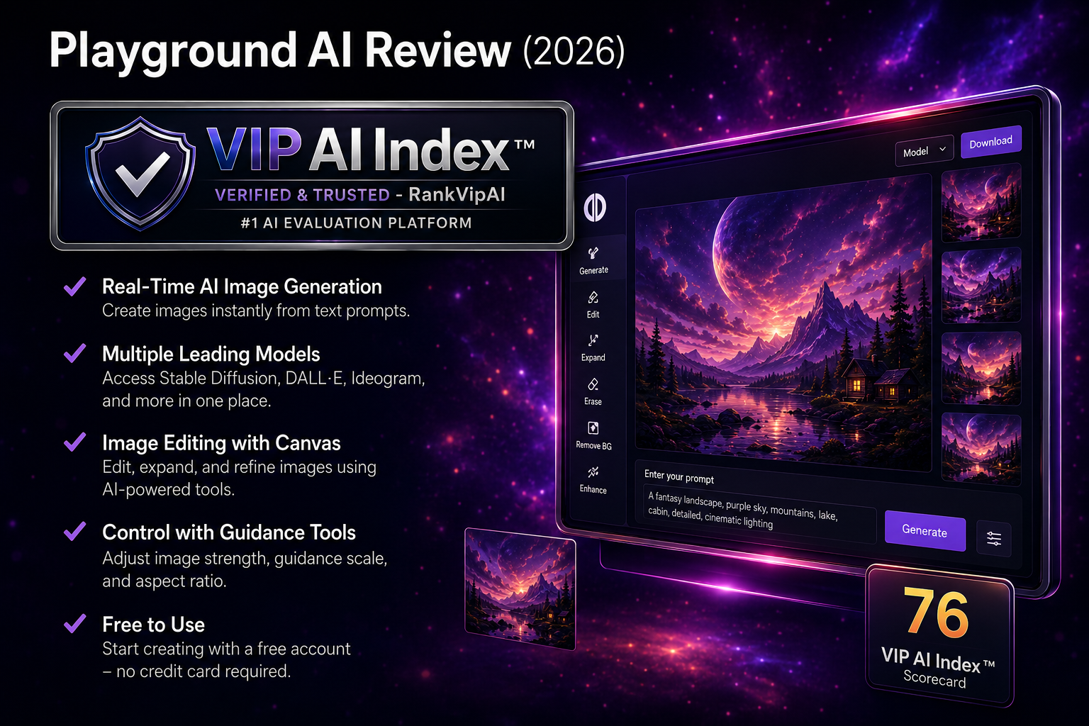 Playground AI review featured image for RankVipAI showing the 76 VIP AI Index score and AI image generator ranking